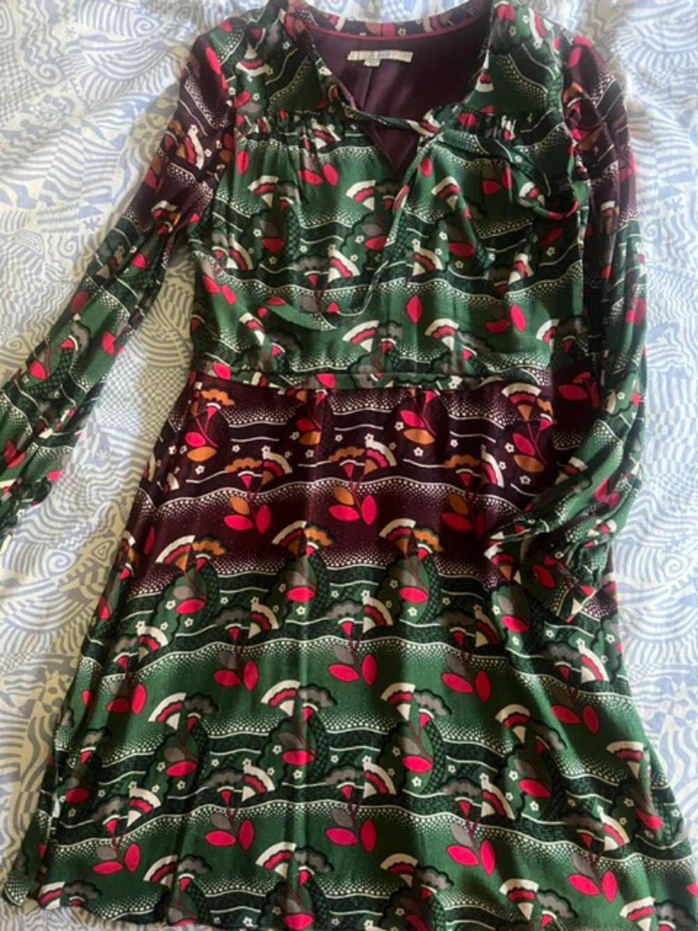 Boden Green & Red Tie Neck Midi Dress Size 8R WH926